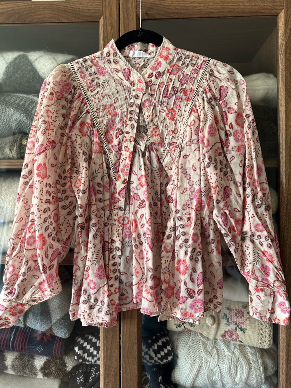 TALULAH Cream Blouse with Pink & Coral Floral Pintucks